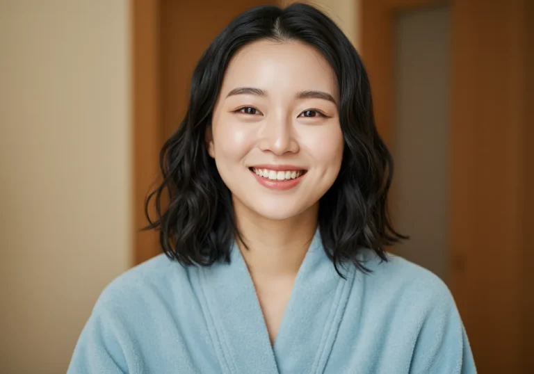 선부동 출장안마 체험 후 선부광장이 보이는 펜트하우스에서 샴페인과 함께 야경을 즐기는 30대 한국 여성의 우아한 휴식
