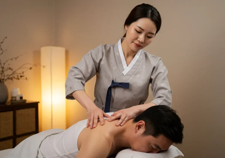 성거 출장안마 모찌바디 농촌 특화 한국인 관리사가 중노동 종사자의 근골격계 집중 관리를 위해 강력한 압박 테라피를 제공하는 전문적 장면
