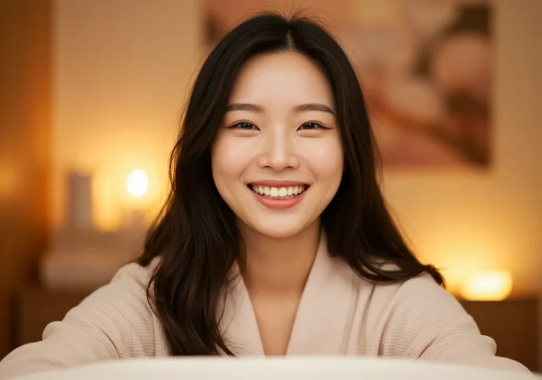 성복동 출장안마 서비스 이용 후 활기찬 표정으로 요가 매트 위에서 스트레칭하는 20대 한국 여성의 건강한 일상 회복 모습