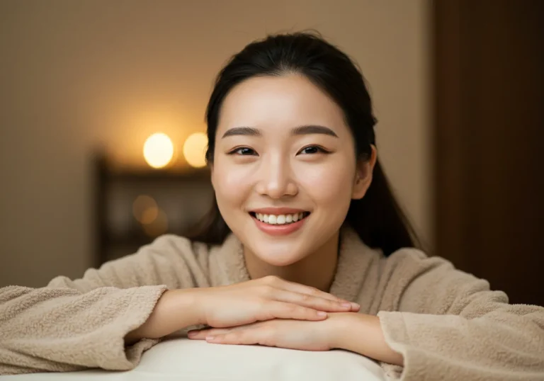 성정동 출장마사지 모찌바디 전문 관리를 받은 직장인 한국 여성이 업무 피로가 완전히 풀린 듯 안도하는 편안한 미소
