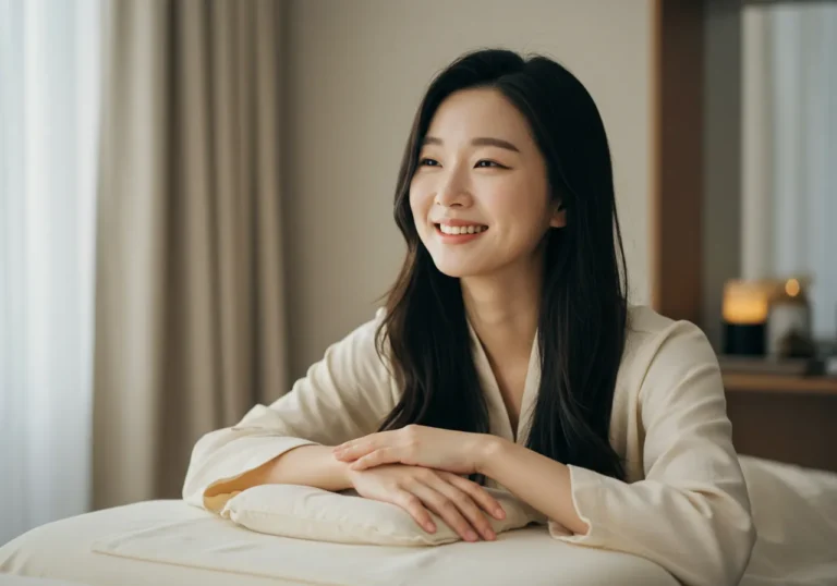 성환 출장마사지 모찌바디 관리를 받은 농사일로 지친 50대 한국 남성이 근육 뭉침이 완전히 풀린 듯 시원한 표정으로 안도하는 모습