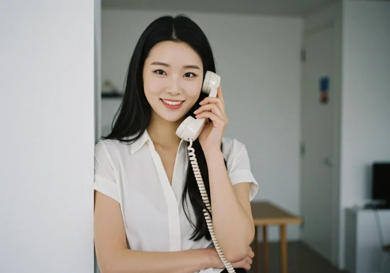 성환 출장마사지 모찌바디 예약하려는 농사일 마친 60대 한국 남성이 작업복 차림으로 집 전화기에 대고 소탈하게 상담받는 정겨운 모습