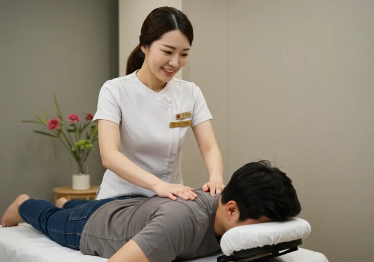 세교동 타이마사지를 하고 있는 한국 마사지 관리사가 최신 바디케어 장비로 시술하는 장면