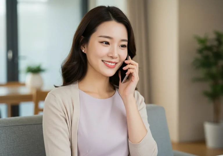 세종 출장마사지 모찌바디 예약 상담을 위해 휴대폰으로 문의 전화를 하는 한국인의 편안한 통화 모습