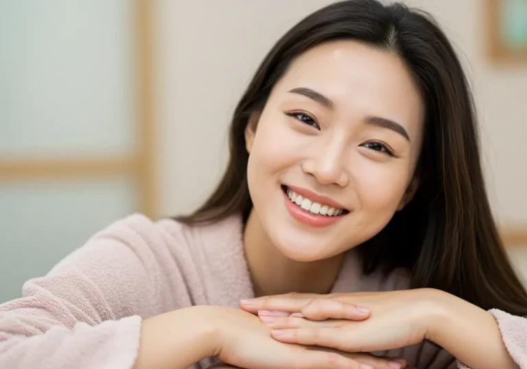 소사동 출장안마 경험 후 상쾌한 표정으로 홈오피스에서 스트레칭하는 20대 한국 여성의 활기찬 모습