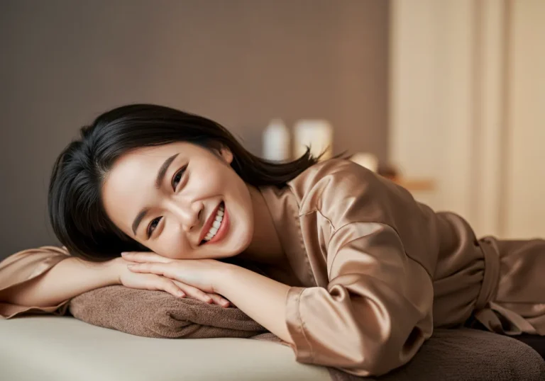 송림동 타이마사지 모찌바디 이용 후 하루 종일 서서 장사한 피로가 완전히 풀린 시장 상인 여성의 환한 웃음