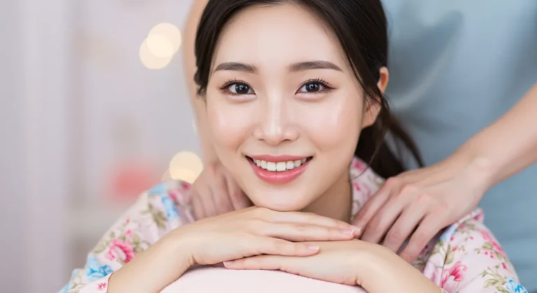 신길동 출장안마 후 스마트홈 거실에서 AI 스피커로 명상 음악을 들으며 휴식하는 30대 한국 여성의 미래적인 라이프스타일
