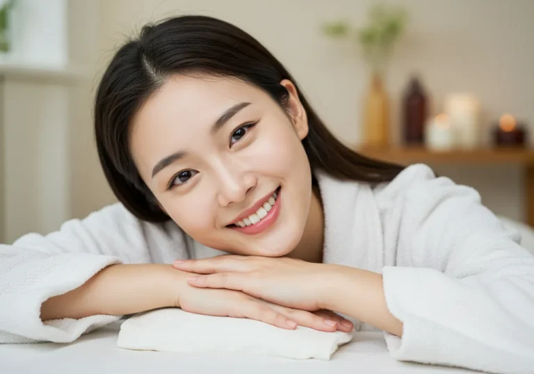 신봉동 출장안마 경험 후 환한 미소로 만족감을 드러내는 50대 한국 여성이 침실에서 개운한 몸 상태를 느끼며 휴식하는 행복한 장면