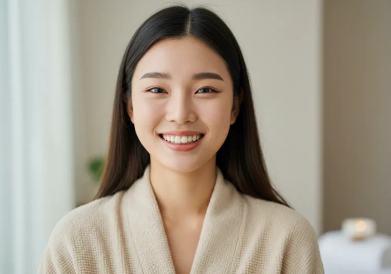 신부동 홈타이 모찌바디 케어를 받은 중년 한국 여성이 오랜 피로가 풀린 듯 깊은 만족감으로 평온한 미소를 짓는 모습