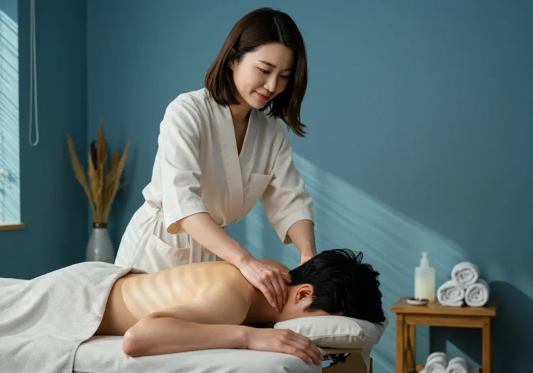 신탄진 출장안마 모찌바디 교통업 전담 한국 관리사가 승무원 특성에 맞춘 목과 허리 집중 마사지를 제공하는 전문적인 장면