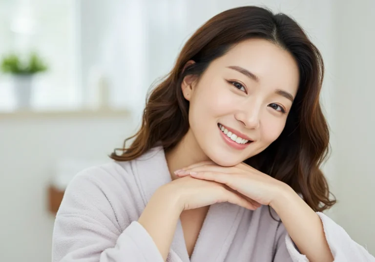 심곡동 출장안마 체험 후 아파트 거실에서 가족과 함께 티타임을 즐기는 30대 한국 여성의 행복한 표정