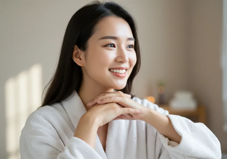 쌍용동 출장마사지 모찌바디 관리를 받은 평범한 주부 연령대 한국 여성이 일상 스트레스가 해소된 듯 자연스럽고 편안한 웃음