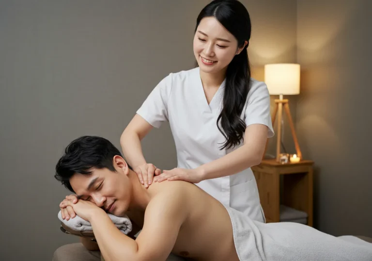 쌍용동 출장안마 모찌바디 동네 친화적인 한국인 관리사가 가정집 거실에서 편안한 분위기로 고객에게 정성스럽게 마사지하는 일상적 장면
