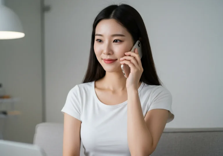 쌍용동 홈타이 모찌바디 예약을 위해 집 안에서 편안한 복장으로 휴대폰에 대고 친근하게 상담받는 40대 한국 여성