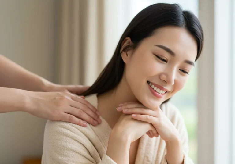 아산 출장안마 모찌바디 케어 서비스 후 깊은 만족감을 표현하는 20대 한국 여성의 환한 미소와 편안한 자세