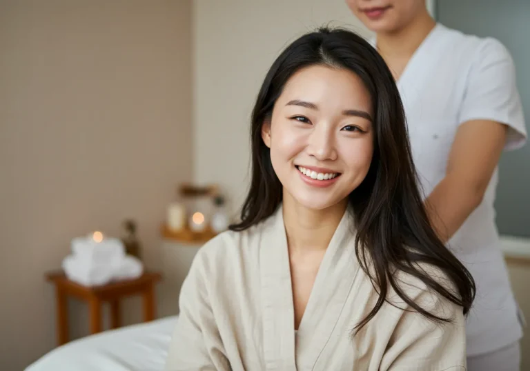 아양동 출장안마 체험 후 정원에서 허브티를 마시며 자연을 만끽하는 50대 한국 여성의 평화로운 휴식 장면