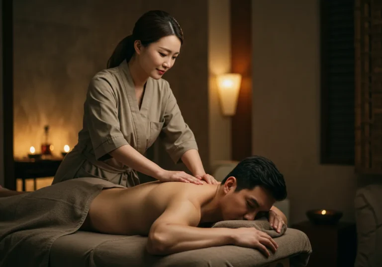 아양동타이마사지 자연 요법 전문 한국 여성 힐러가 온돌방에서 고객에게 약초 찜질과 경락 마사지를 정성껏 시술하는 전통 치유 현장
