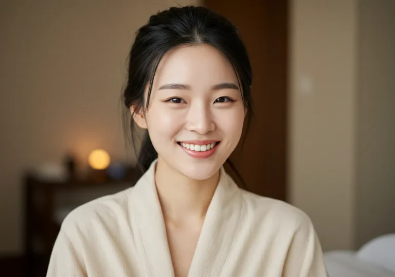 안성 출장안마 체험 후 밝은 미소로 거실에서 휴식을 취하는 30대 한국 여성이 몸과 마음이 편안해진 만족스러운 표정