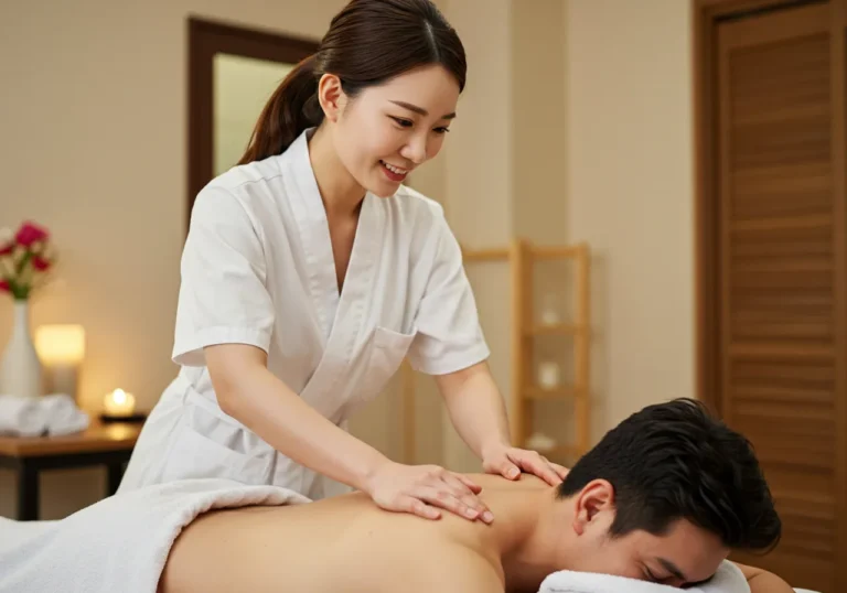 안성타이마사지 국가 공인 자격 보유 한국 여성 관리사가 고객 자택에서 전문적인 손길로 어깨와 목 근육을 섬세하게 풀어주는 시술 장면