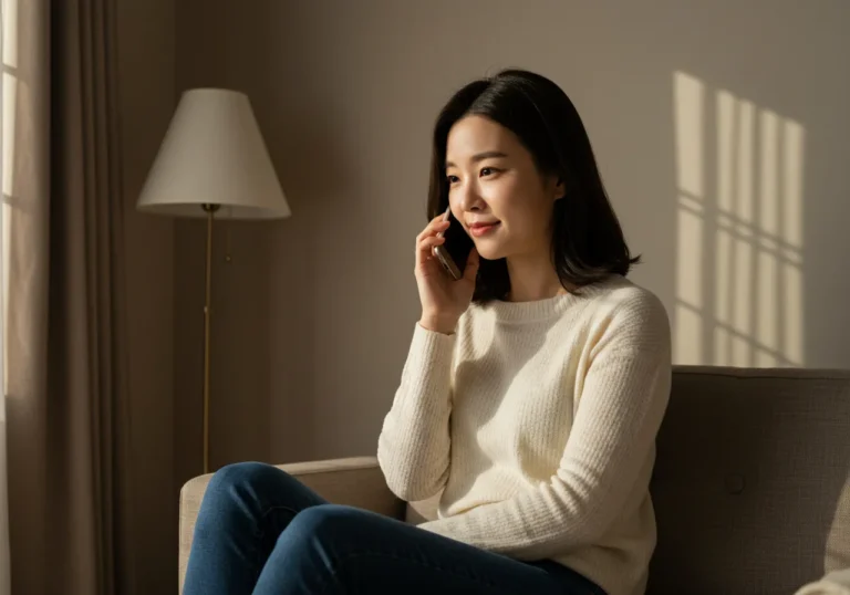 안성 출장마사지 예약을 위해 스마트폰으로 모찌바디 상담원과 통화 중인 40대 한국 남성이 달력을 보며 편리하게 일정을 조율하는 모습