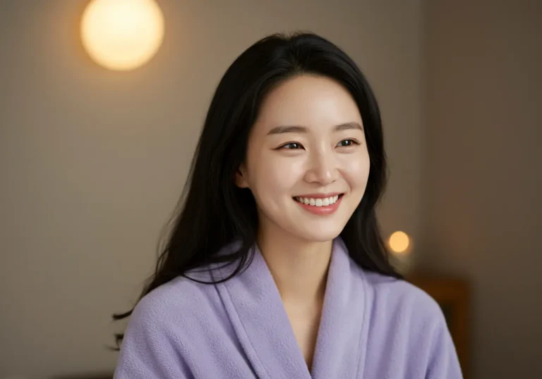 양산동 홈타이 이용 후 만족하는 한국 여성이 작업복 차림으로 활기차게 일하는 모습