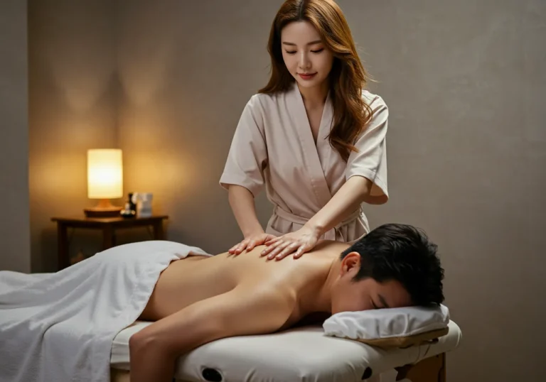 영덕동타이마사지 스웨덴 정통 교육 이수 한국 여성 마스터가 밝은 채광의 방에서 고객 어깨와 등을 부드럽게 스트로킹하는 정통 북유럽 시술