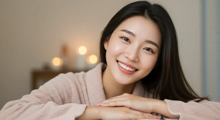 영종도 타이마사지 모찌바디 서비스 이용 후 바다 전망을 배경으로 완전한 힐링을 만끽하는 한국 여성의 행복한 미소