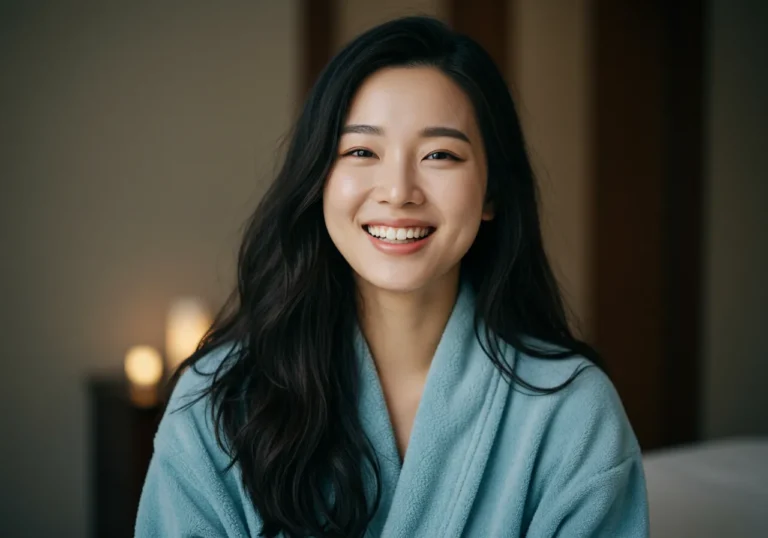 오정동 출장안마 서비스 후 사무실에서 개운한 표정으로 업무에 복귀하는 40대 한국 남성의 활력 넘치는 모습