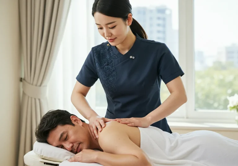 오정동타이마사지 산업보건 전문 한국 여성 관리사가 사무실에서 고객의 손목과 팔꿈치를 정밀하게 케어하는 직업병 예방 시술 현장