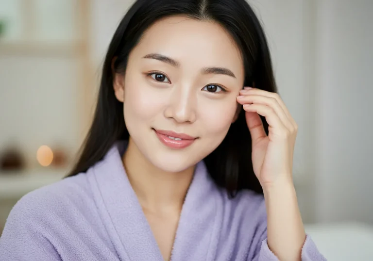 옥길동 출장안마 후 스마트홈 거실에서 AI 스피커로 음악을 들으며 휴식하는 30대 한국 여성의 미래적인 힐링 장면