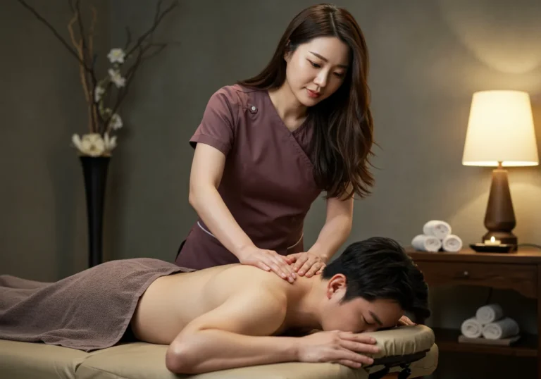 옥길동타이마사지 스마트 헬스케어 전문 한국 여성 테라피스트가 첨단 장비를 활용해 고객의 근육 상태를 분석하며 정밀 시술하는 미래형 케어