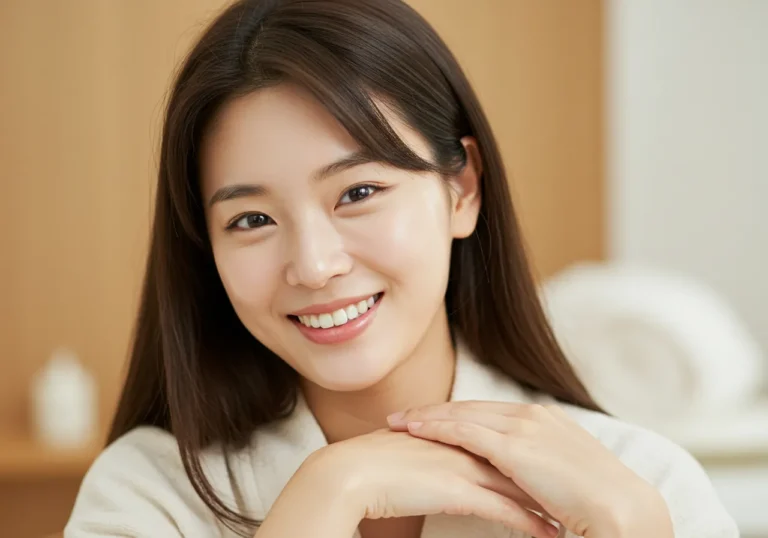 온양 출장마사지 모찌바디 케어를 받은 온천 여행 중인 30대 한국 여성이 여행 피로가 완전히 풀린 듯 활기찬 미소로 힐링 만족감을 표현하는 모습