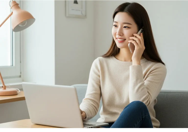 온양 출장마사지 모찌바디 예약하려는 온천 여행 중인 40대 한국 남성이 호텔 객실에서 스마트폰으로 편안하게 상담받는 여유로운 모습