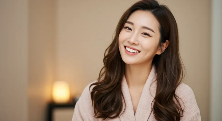 와동 출장안마 후 공원이 보이는 베란다에서 요가 매트 위에서 스트레칭하는 40대 한국 여성의 건강하고 활기찬 모습