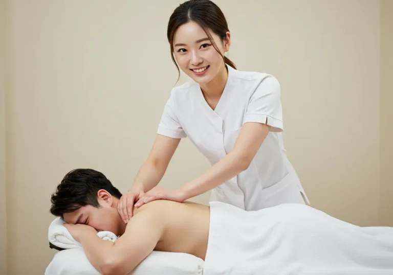 외삼미동 타이마사지를 하고 있는 한국 마사지 관리사가 쑥뜸과 부항으로 피로회복 돕는 장면