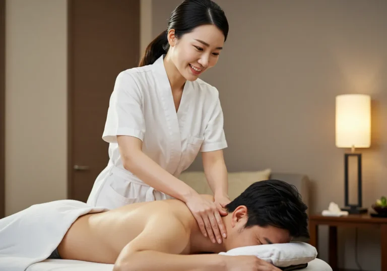 우암동 출장안마 전문 관리사가 어르신께 정중하게 마사지 제공하는 장면