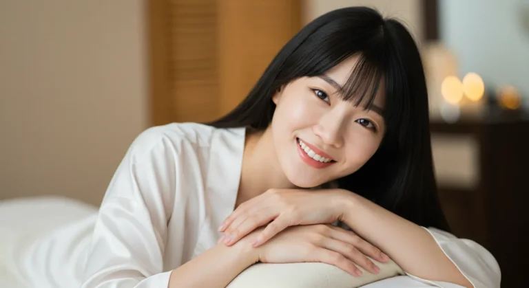 운서동 출장마사지 모찌바디 이용 완료한 영종도 거주 한국 여성이 깊은 만족감과 함께 환하게 웃는 진솔한 후기 모습