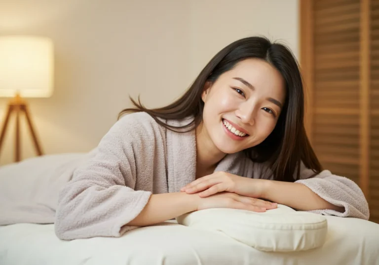 원곡면 출장안마 후 산수유 나무 아래에서 자연을 만끽하며 힐링하는 40대 한국 여성의 건강하고 행복한 표정