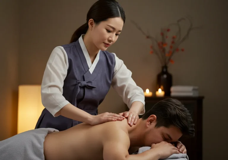 원곡면타이마사지 자연 요법 전문 한국 여성 힐러가 전원 주택에서 고객에게 야생화 오일로 전신을 정성껏 마사지하는 자연 치유 시술