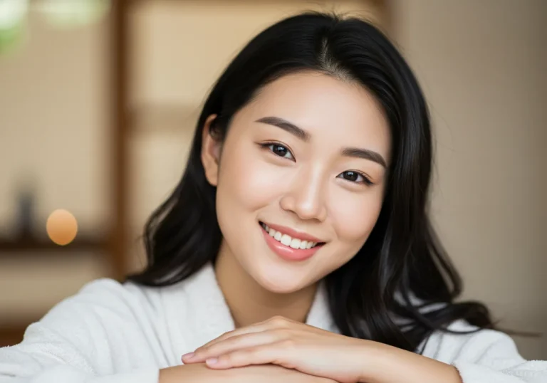 원미동 출장안마 체험 후 거실 소파에서 밝은 미소로 휴식을 취하는 30대 한국 여성이 몸과 마음이 편안해진 만족스러운 표정