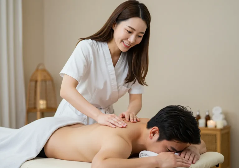 월미도 출장마사지 모찌바디 관광 특화 관리사가 테마파크 방문으로 지친 고객에게 전문적인 피로회복 홈타이를 시술하는 장면