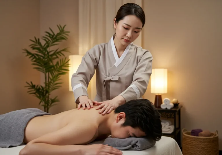 을왕리 타이마사지 모찌바디 해변 전담 관리사가 바다 전망 펜션에서 휴양객에게 정성스러운 홈타이 마사지를 시술하는 힐링 현장