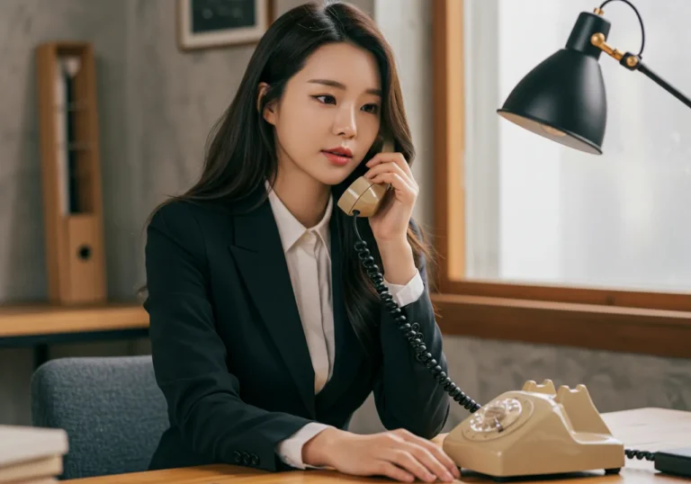 을왕리 홈타이 모찌바디 예약을 위해 해변가 카페에서 일몰을 감상하며 전화 상담받는 휴양객의 여유로운 예약과정