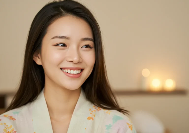 인천 홈타이 모찌바디 이용 후 깊은 만족감을 느끼며 밝게 웃고 있는 30대 한국 여성 고객의 진솔한 후기 표정
