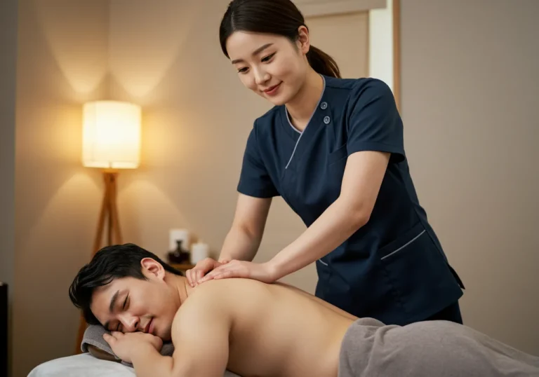 인천공항 출장안마 모찌바디 소속 전문관리사가 공항근무로 지친 고객에게 정성스러운 마사지 케어를 제공하는 장면