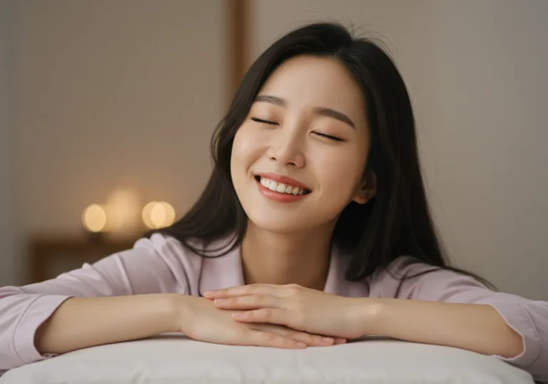 사동 출장마사지 이용 후 만족스럽게 미소짓는 한국 여성 - 주거단지 내 층간소음 걱정 없는 조용한 케어 완료