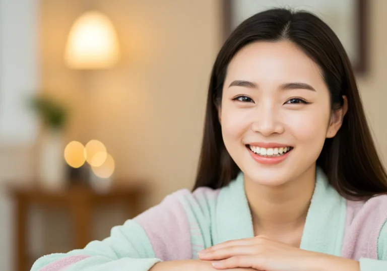 일신동 출장마사지 모찌바디 이용 후 쇼핑과 문화활동으로 지친 몸이 현대적 아파트에서 완전히 회복된 주부의 만족한 표정