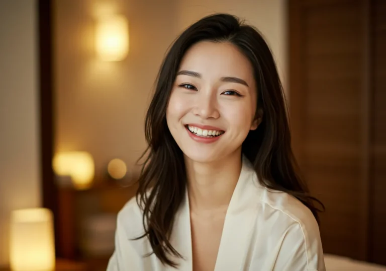 일죽면 출장안마 경험 후 산장 테라스에서 산 정상을 바라보며 깊은 숨을 쉬는 50대 한국 남성의 상쾌한 표정