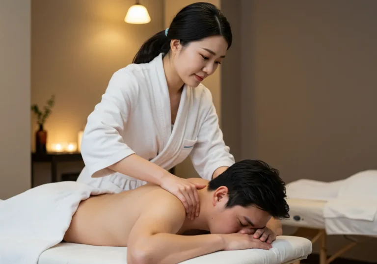 일죽면타이마사지 산림 치유 전문 한국 여성 테라피스트가 통나무집에서 고객의 피로한 종아리를 편백 오일로 세심하게 마사지하는 산림 테라피 시술