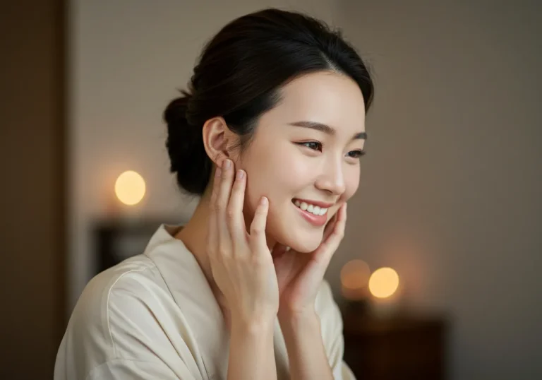 직산 출장마사지 모찌바디 케어를 받은 전원 생활 중인 60대 한국 여성이 자연스럽고 편안한 미소로 건강한 활력을 되찾은 모습